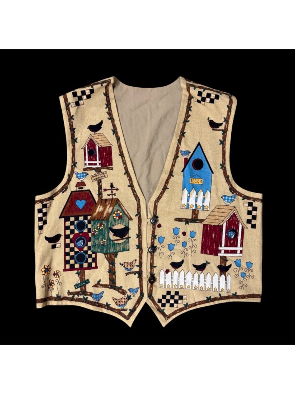 Handmade Womens Vest Folk Art Birds Birdhouse Cottagecore Button Front Vintage - Picture 2 of 5